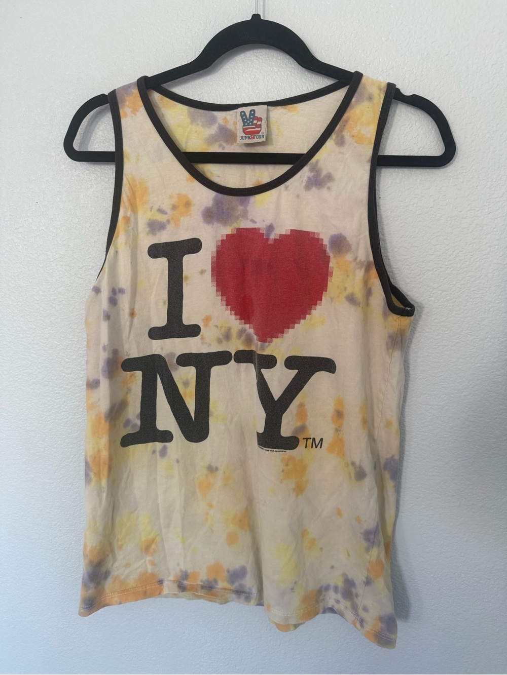 Junk Food Clothing I Love NY Yellow Black Tie-Dye Tank Top Size Large